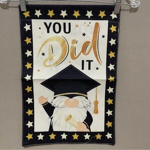 Graduation gnome mini garden flag double sided black gold 12x18